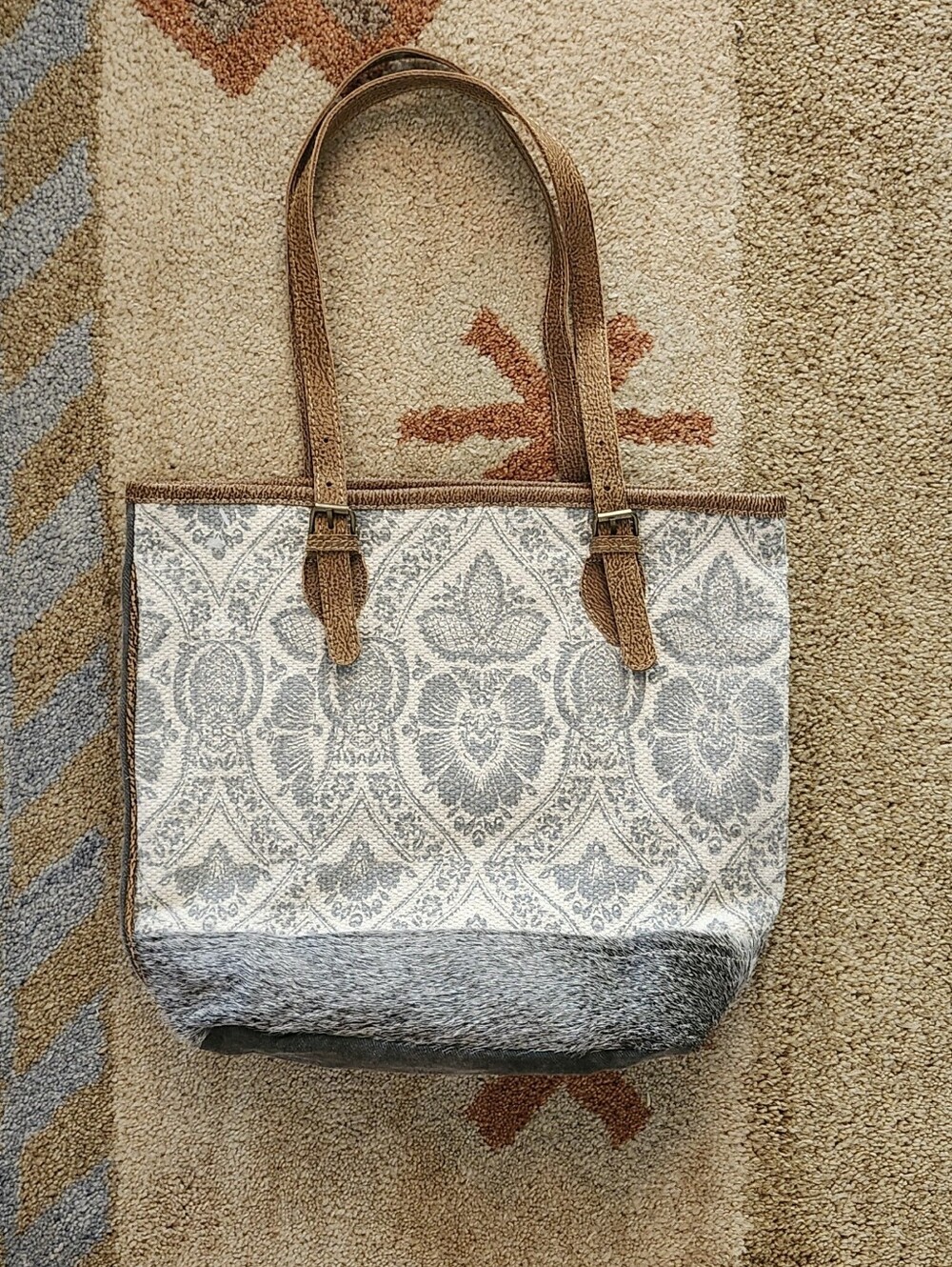NWOT Myra Coll Dude Printed Canvas And Hair On Cowhide Leather Tote Bag